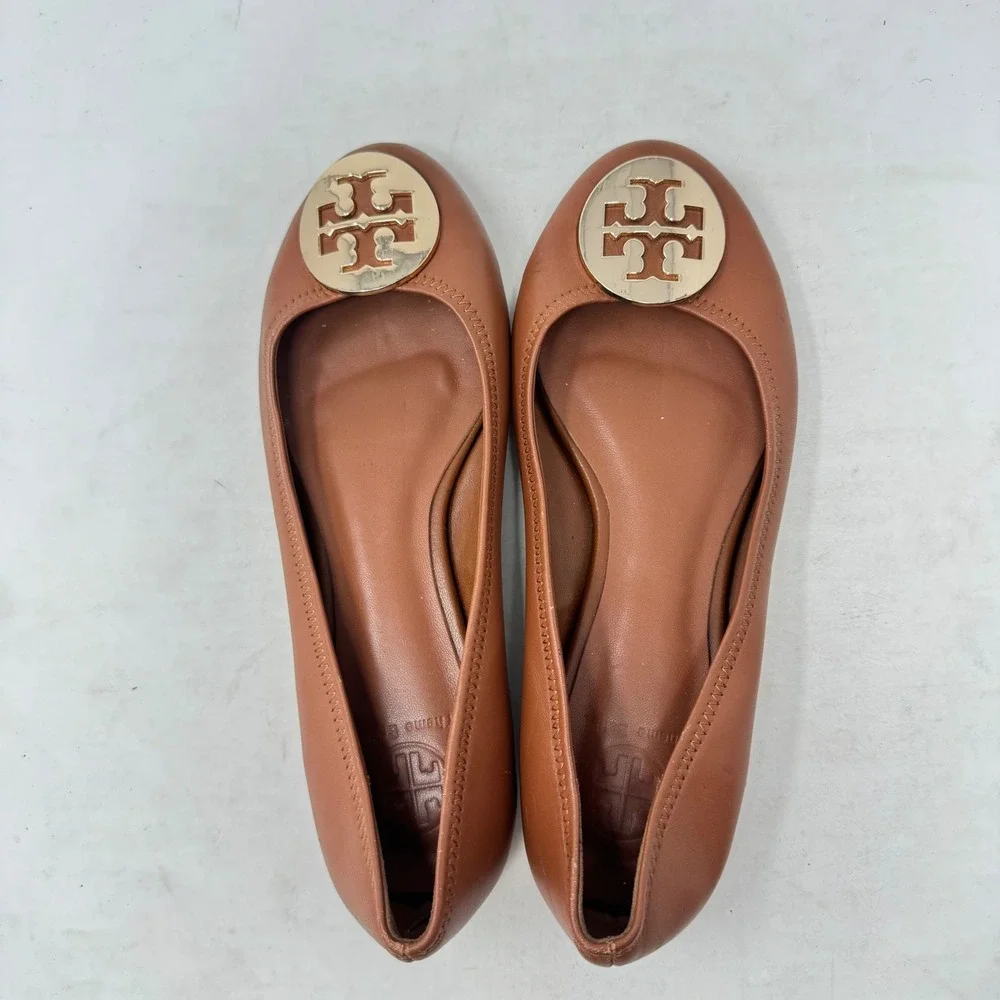 Tory Burch Minnie Travel Ballet Flats Brown 39 Gold Logo Leather Classic Shoes